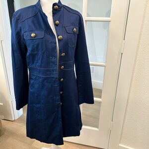 US POLO ASSN Trench Coat Military Blue Vintage Lined Sz M Gold Buttons Classic
